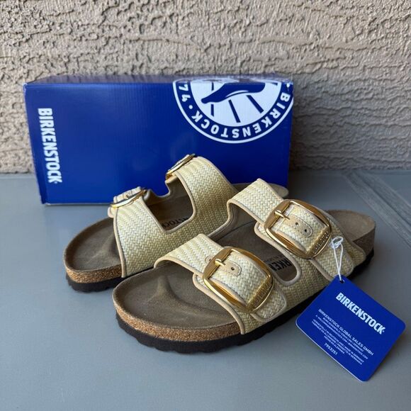 Birkenstock Arizona Big Buckle Raffia Sandal Women’s 38EU or 7US Natural Texture - Picture 1 of 12